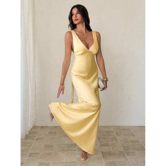 Dresses & Skirts - Tall Pale Yellow Deep V-Neck Backless Maxi Dress For ,Sleevel
